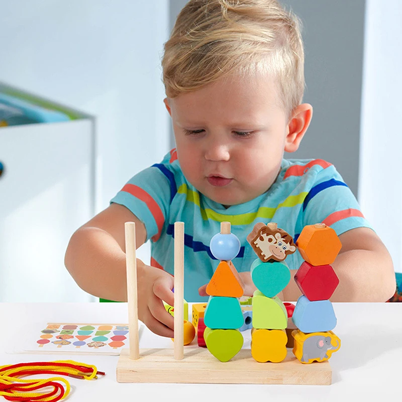 Montessori Wooden Beads Mastery Kit: Fine Motor Skills Builder For Toddlers 2-5 Stacking Blocks Lacing Beads Travel Learning Toy