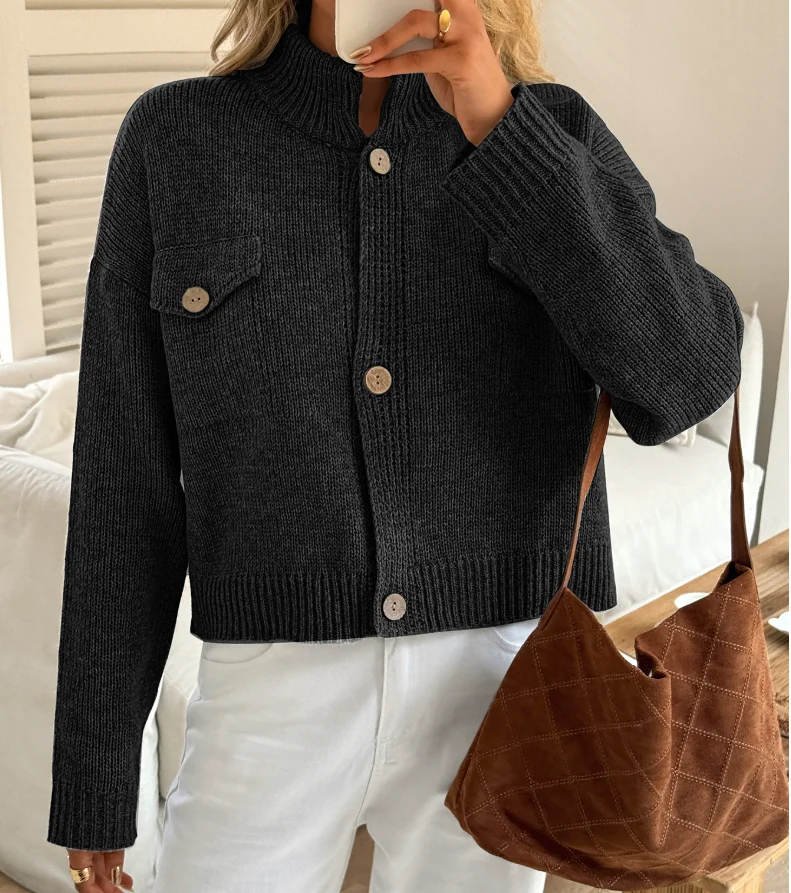 Otoño e Invierno nueva chaqueta de suéter informal ajustada con cuello levantado de Color sólido para mujer Chaqueta de punto con botones a la moda