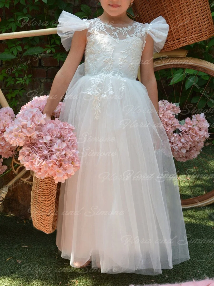 Customized Short Sleeves Backless Trailing Chiffon Flower Girl Dress for Wedding Ceremonies First Communion Birthday Party