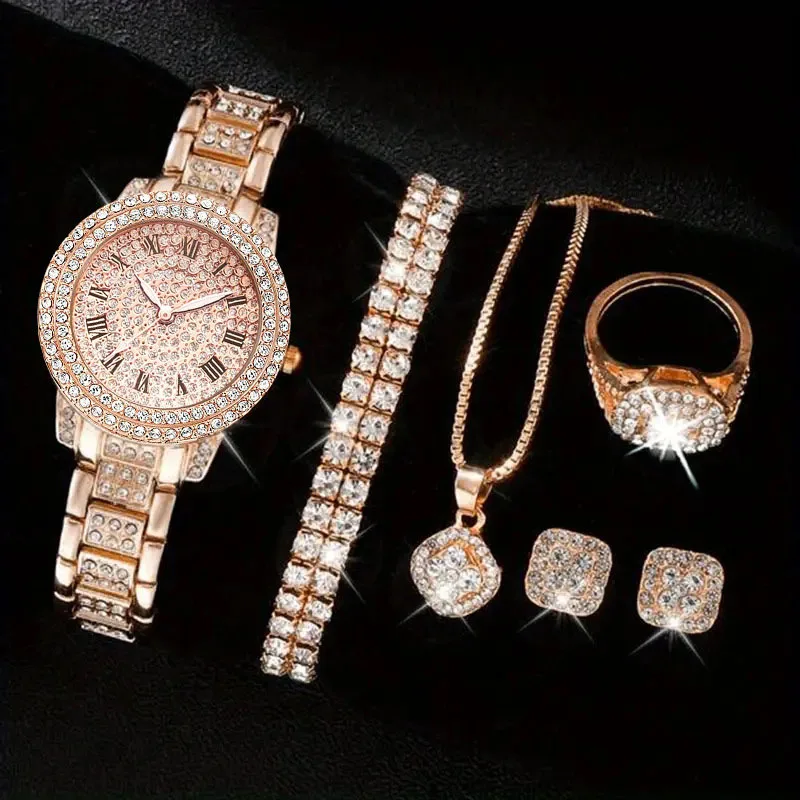 Hot selling women's watches, 5-piece set with diamond inlay, women's fashionable Roman quartz watches