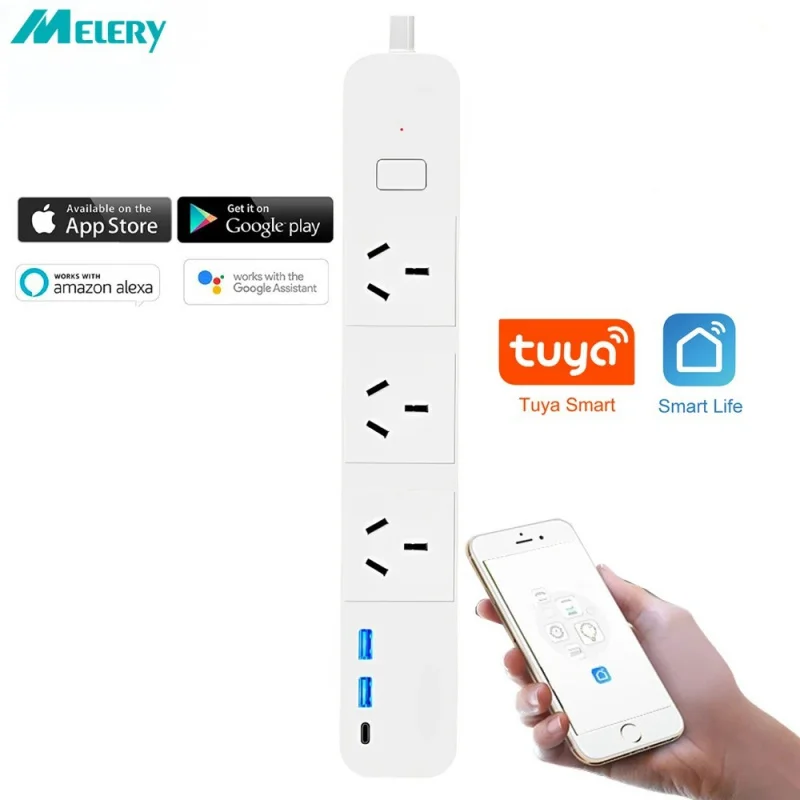TS Amazon Bestseller Tuya WiFi Smart Strip: 6 Australian Sockets, Master Switch, 2USB+Type-C, Voice-Controlled