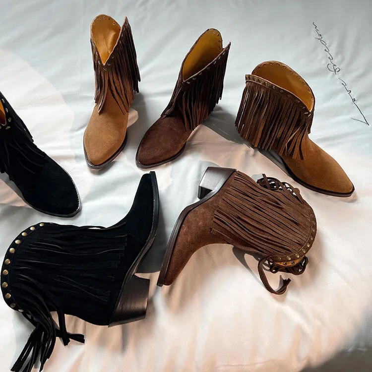 

Vintage Brown Suede Women Western Boots Tassel Decor Square High Heels Autumn Botas Rivets Studded Riding Botines Zapatillas