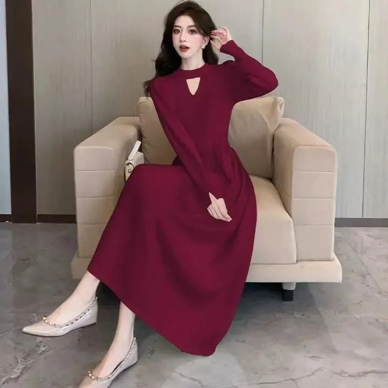 Nouvelle robe à manches longues avec manteau automne hiver taille minceur fond intérieur tricoté jupe longue