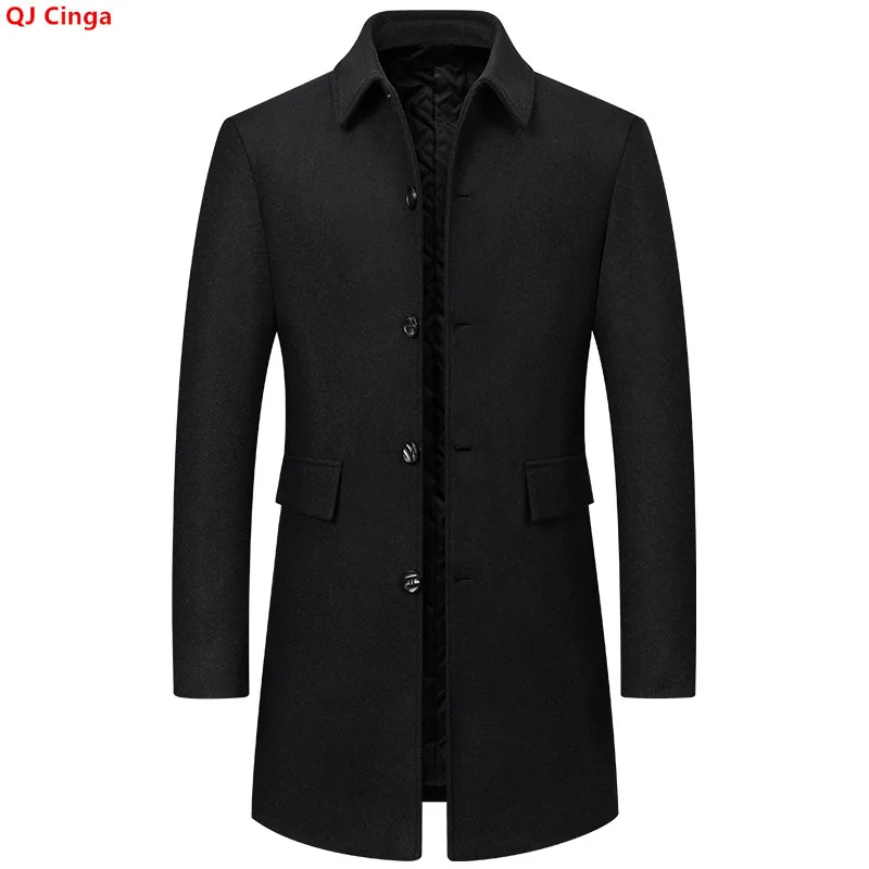 New Winter Men's Dark Gray Tweed Trench Coat—a Warm, Long Jacket with A Black Single-breasted Lapel.