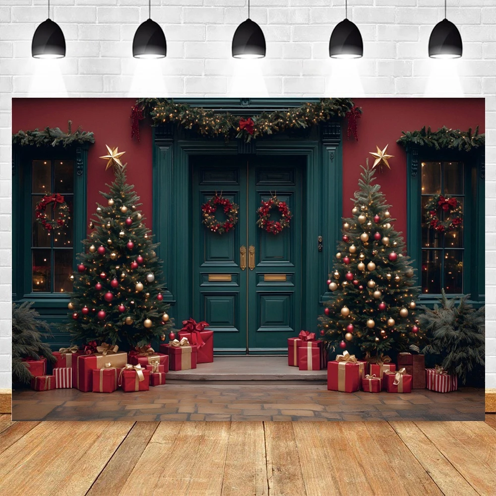 Merry Christmas Backdrop Photography Green Wall Xmas Tree Gifts Bell Baby Photo Photographic Family Party Decor Background Props