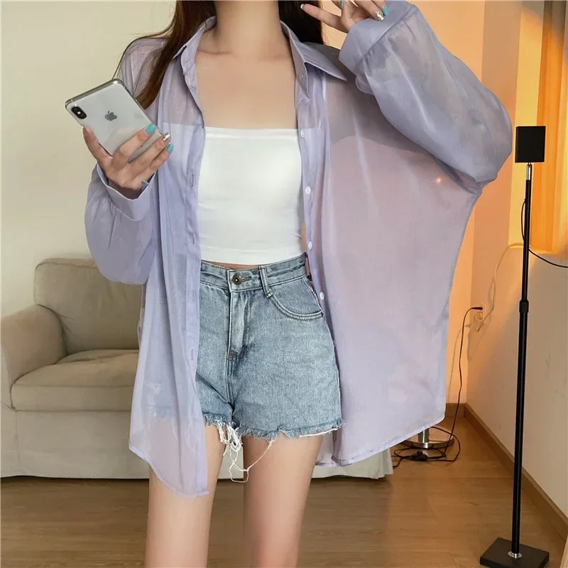 White Chiffon Shirts Women Casual Loose Long Sleeve See Through Sunscreen Blouse Female Summer Thin Streetwear Beach Sheer Shirt