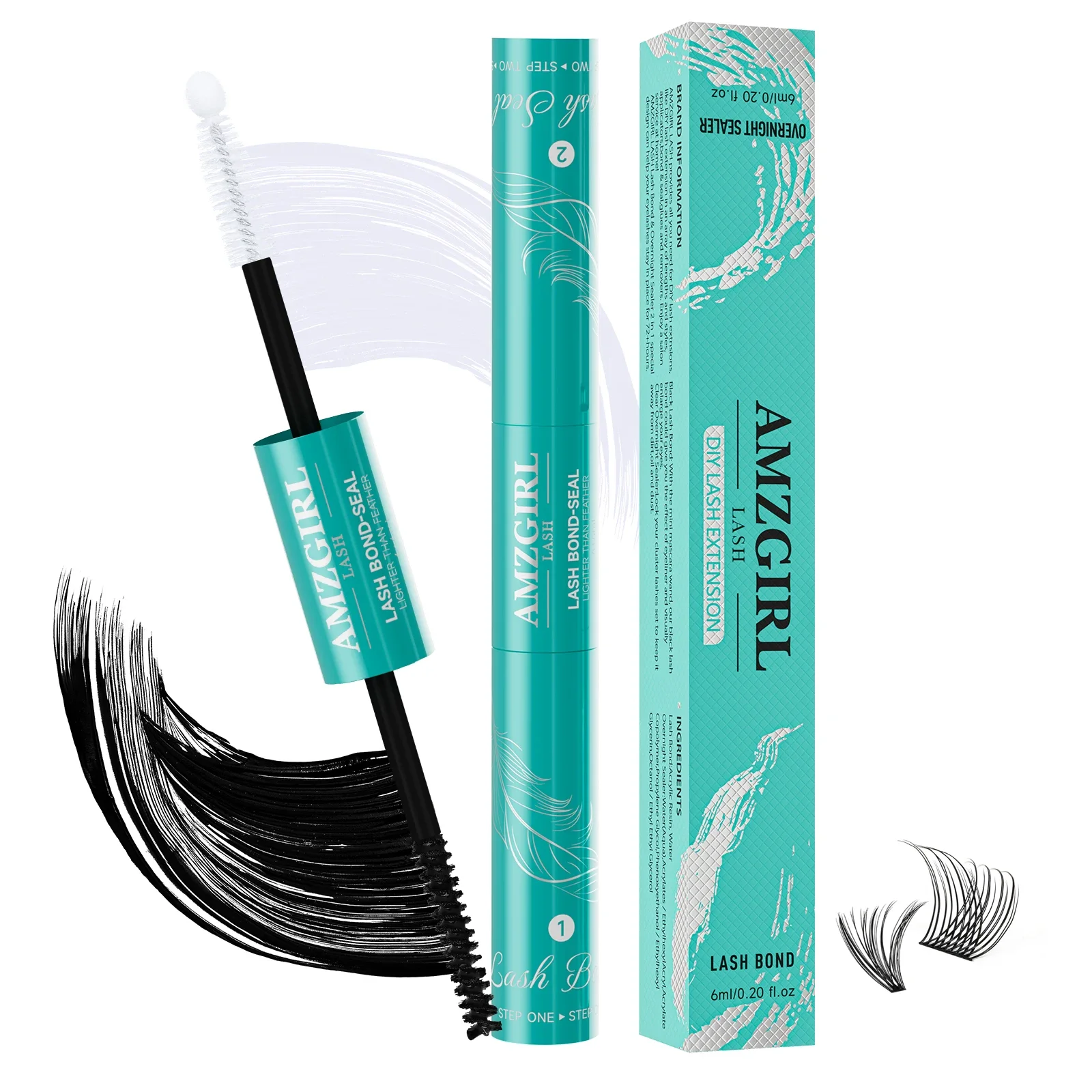 Amzgirl 12ml Eyelash Glue 2 in 1 Bond and Seal Waterproof Long Lasting 72 Hours Black Cluster Lash Glue + Lash Seal