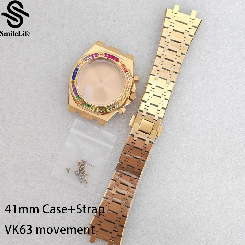 

Корпус для часов SmileLife VK63, 41 мм, золотой, с сапфировым стеклом и бриллиантовым безелем, подходит для кварцевого механизма VK63, для циферблата 31,8 мм, аксессуары для часов