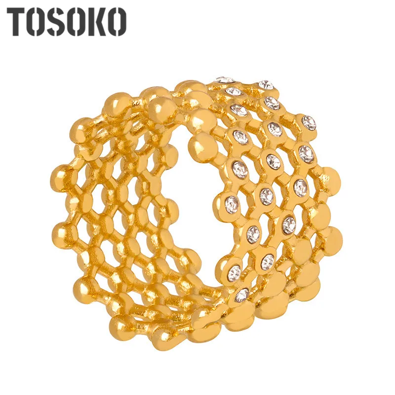 

TOSOKO Stainless Steel Jewelry Honeycomb Shaped Hollow Design Inlaid With Zircon Ring BSA522