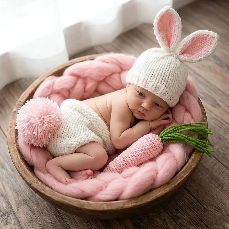 3Pcs Newborn Photography Props Bunny Rabbit Costume Handmade Crochet Knit Hat Shorts Carrot Sets Baby Photo Shoot Outfit