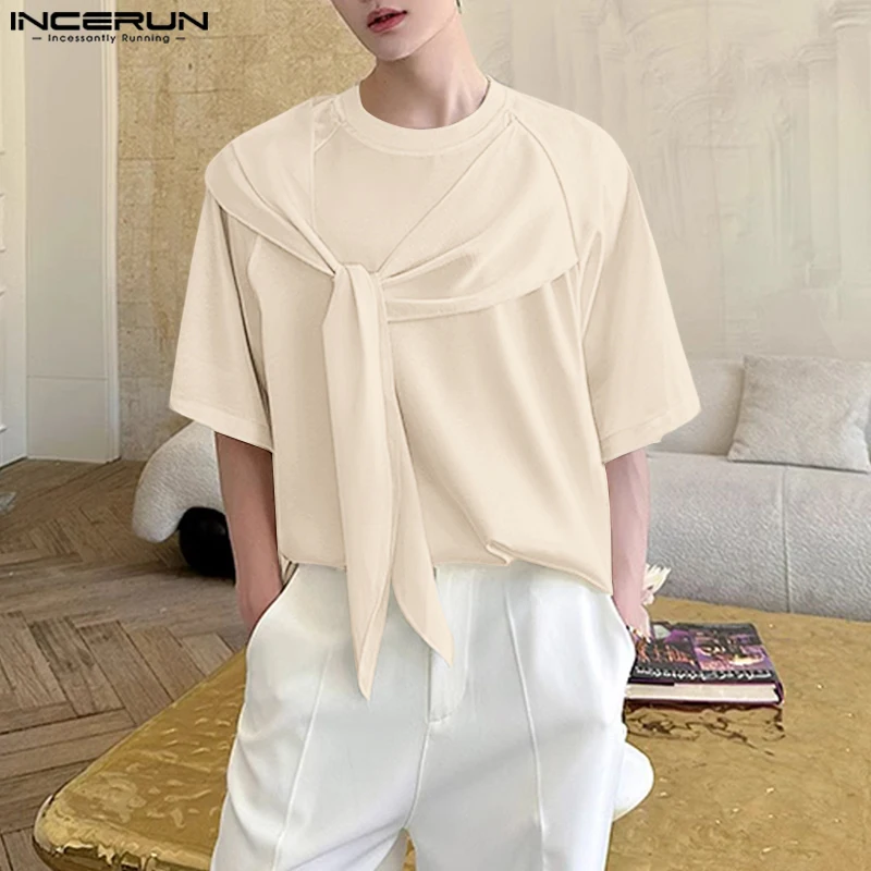 

INCERUN Men T Shirt Solid O-neck Short Sleeve Lace Up Male Tee Tops Summer Korean Style Streetwear Loose Casual Men Clothing