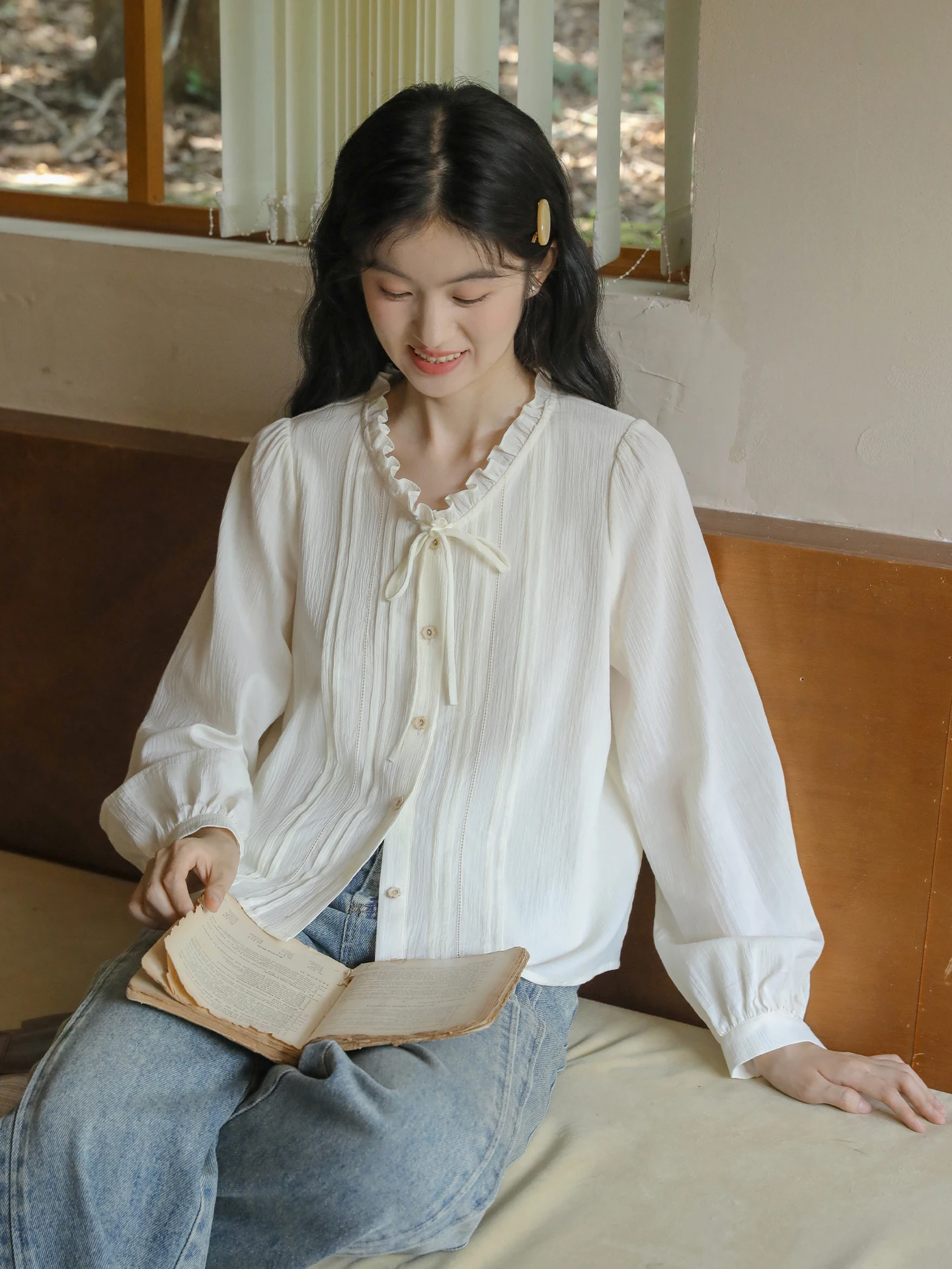 

Nesoulum Vintage Loose Cotton Long Sve V-Ne irt Women's Spring Faion Belted Pure Color Breathable Comfortable Top
