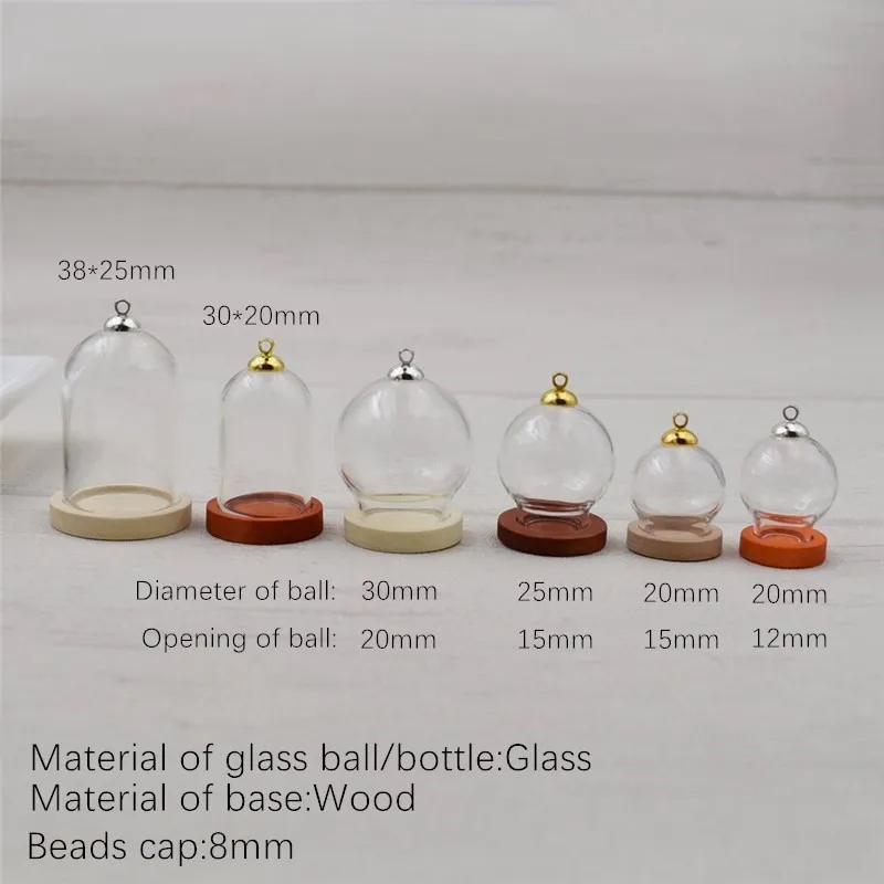 2sets 38*25mm Tube Glass Globe Bottle Wood Base Beads Cap Set Glass Ball Glass Vial Cover Dome Glass Bottle Cute Charms