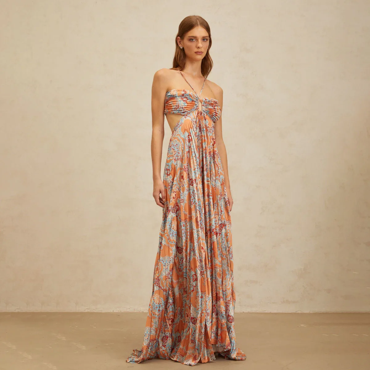 Kwtx feminino designer halter pescoço maxi vestido plissado impressão renda recorte praia festa vestido de noite primavera verão 2026 novo