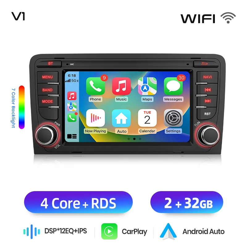 Junsun 7 inch Android 15 autoradio voor Audi A3 8P S3 2003-2012 draadloos voor Apple CarPlay Auto IPS touchscreen stereo multimediaspeler automotive slimme intelligente systemen 2 Din autoradio head