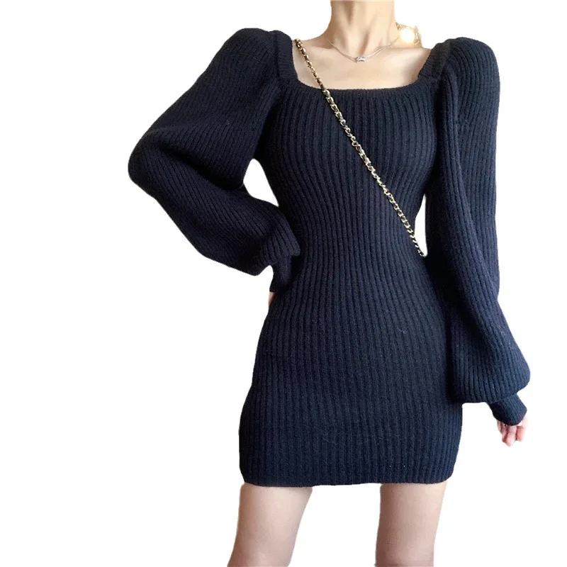 Spicy Girl Wearing Women's Square Neck Sweater Dress Women's Autumn Winter New Pure Desire Wind Bag Hip Skirt Short Skirt #5