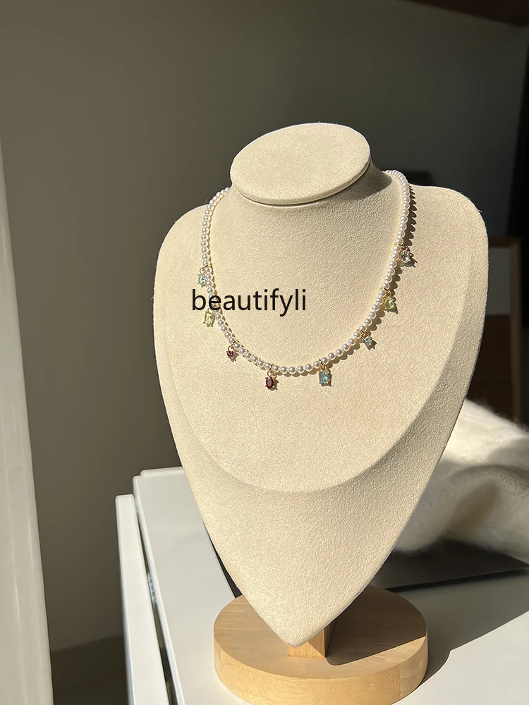 New colorful zircon crystal pearl necklace light luxury simple temperament collarbone chain