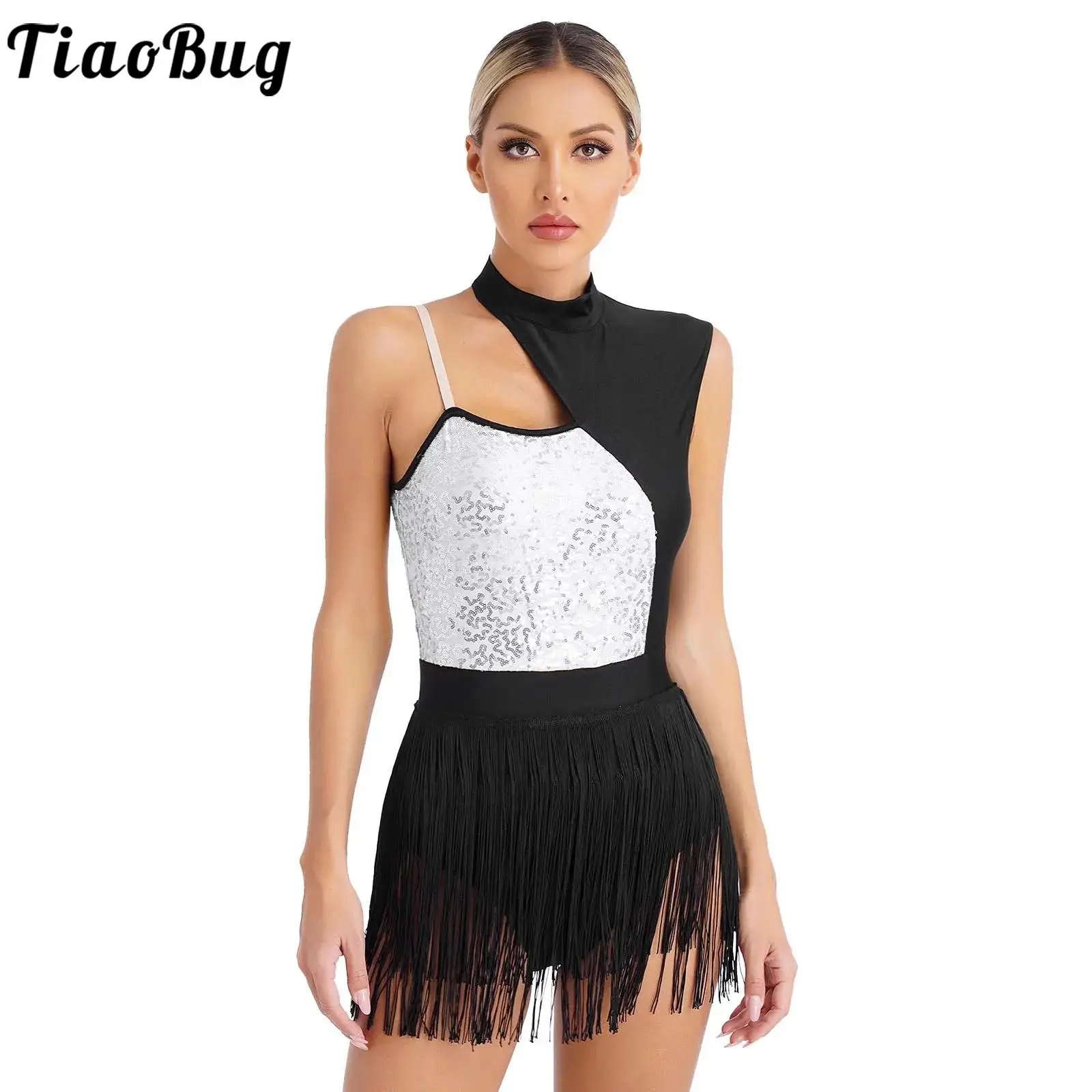 

Womens Sequins Tassel Latin Dance Dress Cutout Front Sleeveless Fringed Leotard Competition Ballroom Samba Tango Dance Costume