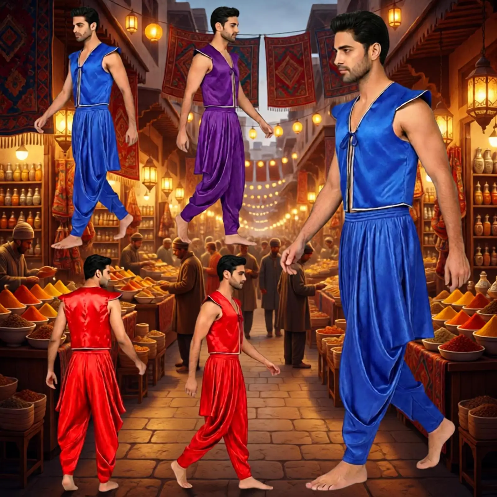 Mens Halloween Arabian Prince Costume Fly Sleeve Satin Vest Waistcoat Harem Pants Outfit for Carnival Fairytales Cosplay Outfits