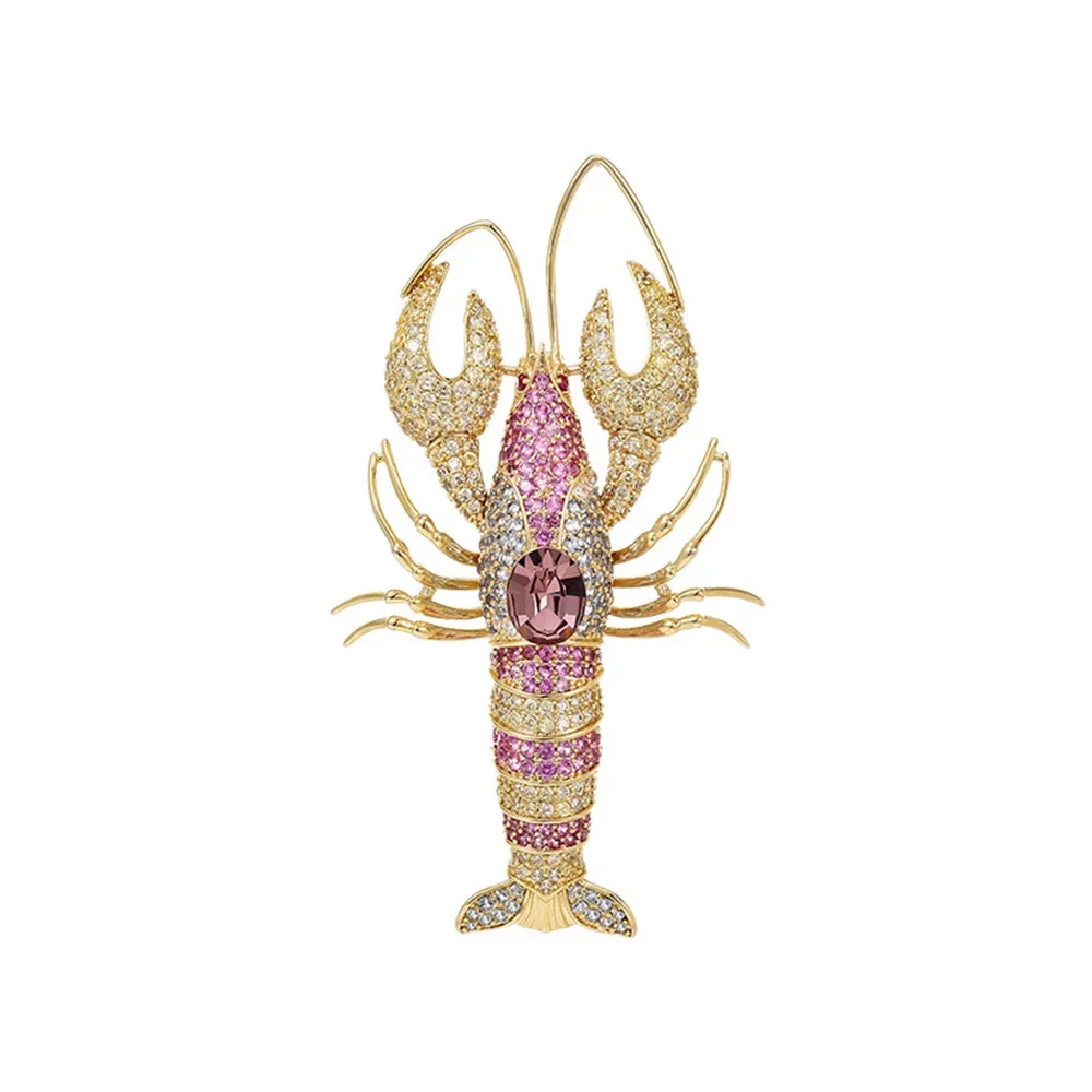 Vintage Rhinestone Shrimp Brooch Women Sparkling Animal Insect Crayfish Badge Casual Party Banquet Brooches Lapel Pins Gifts