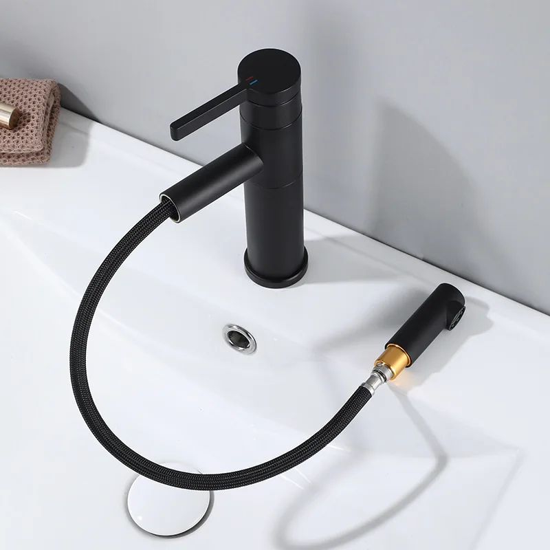 Pull Out Basin Faucet Hot and Cold Bathroom Single Lever Brass Gray Rotation Pull Out Sink Mixer Tap Decked