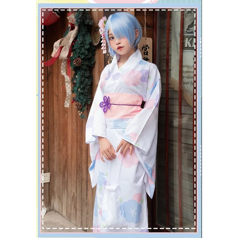 Anime Rem Cosplay Costume Sweet Japanese Kimono with Belt Accessories Wig Suit for Women Halloween Carnival Party Roleplay