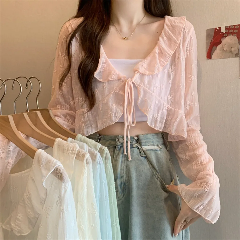 Floral Flower Thin Sunscreen Cardigan Top V-neck See Through Knitted Long Sleeves Sunscreen Top Short Coat