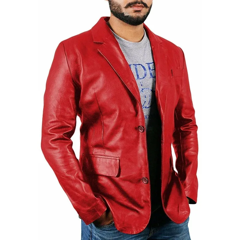 

Cool Men's Sheepskin High Quality Leather Blazer TWO BUTTON Soft Jacket Red Coat