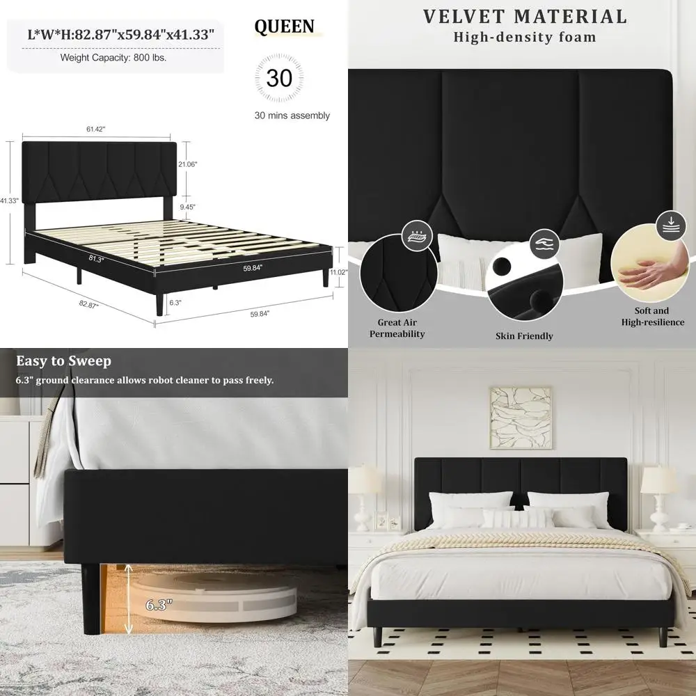 

Черная бархатная кровать Queen-size на платформе с деревянными ламелями - не требует пружинного блока, тихая и простая в сборке