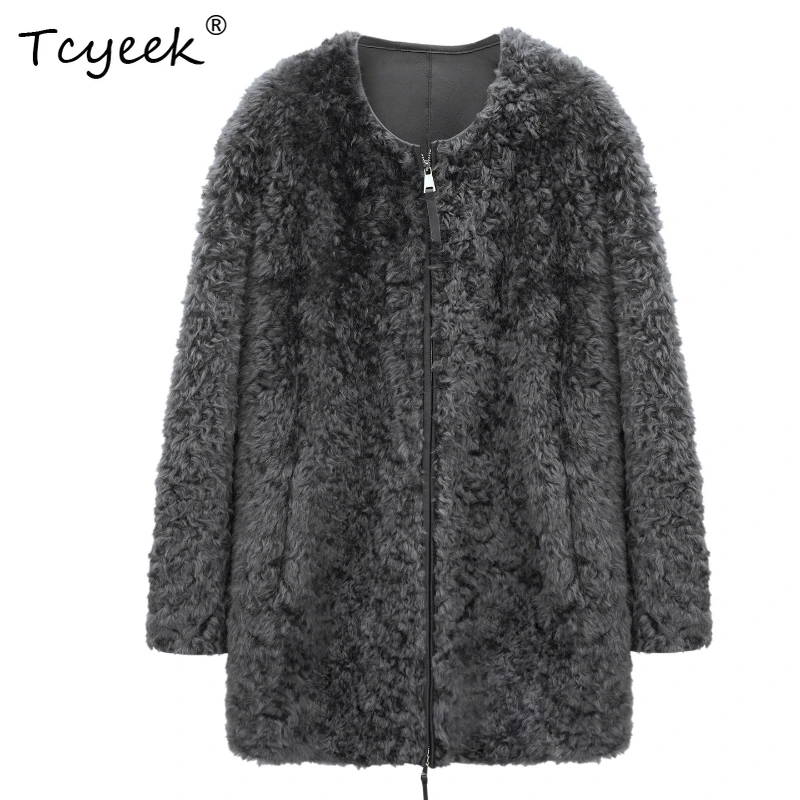 Tcyeek Genuine Wool Autumn Winter High End Trendy Solid Color Mid Length Women's Wool Shearling Fur Coat Fourrures Femme