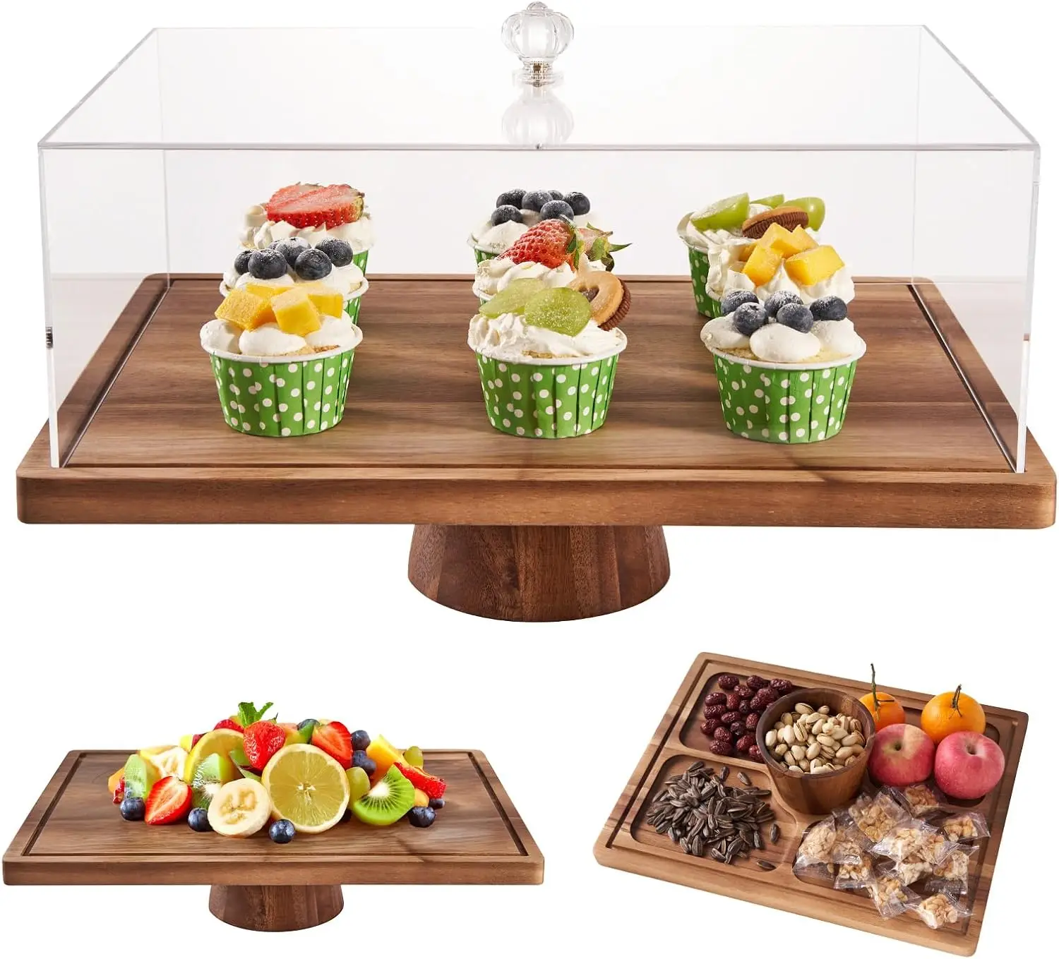 

Large 17" Rectangular Cake Stand with Lid, Acacia Wood Multi-Functional Dessert Display Set for Cheese and Fruit
