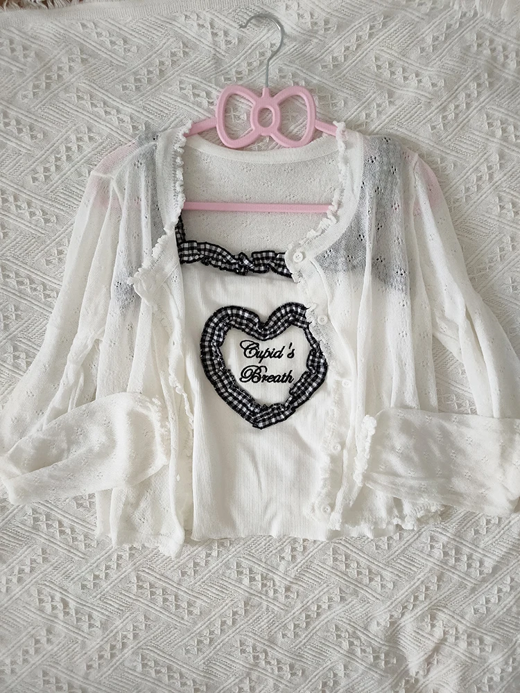 Cute 2 Piece Tops Women Cardigans and Crop Tops for Sweet Girls Cute Heart Shaped Tops Cat Cropped Kawaii Clothes