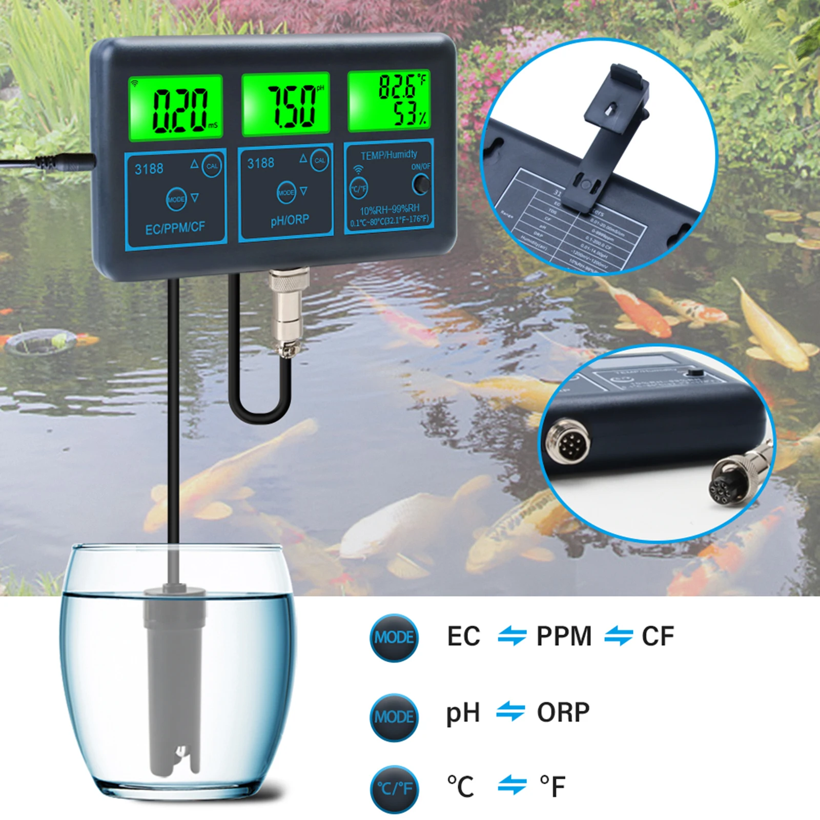 

Tuya Multifunctional Water Quality Tester Monitor WiFi 7 In 1 EC/PPM/CF/RH/ORP/PH/Temperature Measuring Aquarium Online Analyzer