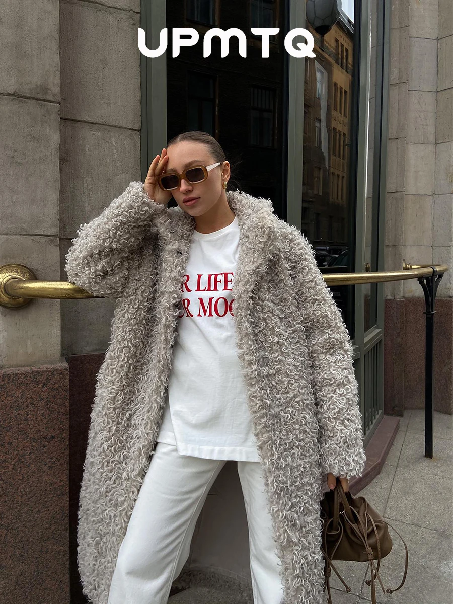 Gray Wool Faux Fur Shearling Long Coat for Women Winter 2025 Winter Fashion Trendy Teddy Maxi Coat Monki Curly Clean Fit Outwear