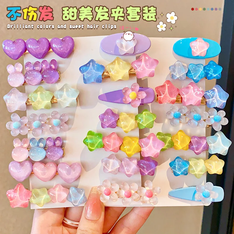 【14 Piece Set】Hair Accessories For Children Candy Colored Star Hair Clips Bangs Side Clips Popular Fashionable Duckbill Clip