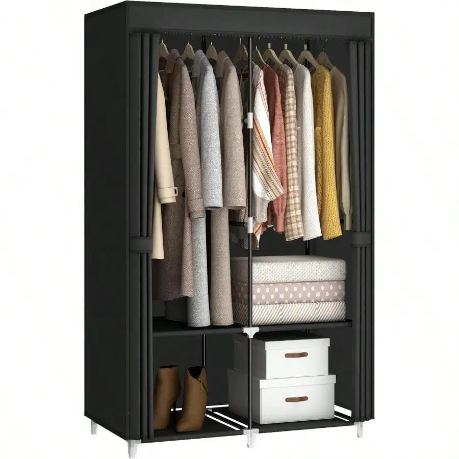 

Portable Closet Wardrobe For Small Room 35Inch Clothing Organizer Storage Rack With 2 Clothes Hanging Rods And 4 Shelves NonWove