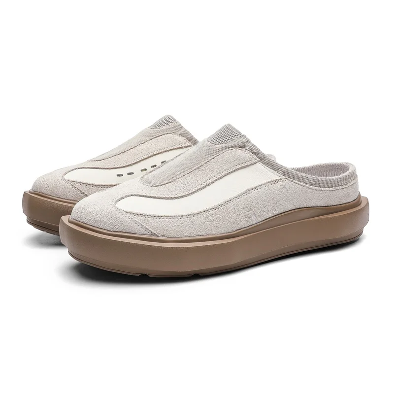 High Quality New Men Summer Suede Patchwork Mesh Half Slippers Breathable Thick Sole Suitable for Casual Daily Commuting Shoes