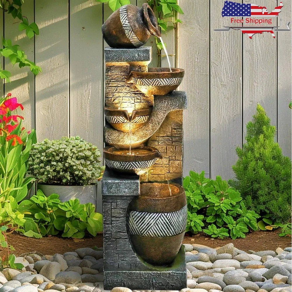 

5-Tiers Indoor Outdoor Garden Water Fountain Modern Floor Standing Cascading Water Feature Relaxing Sound Built-In Warm Lights