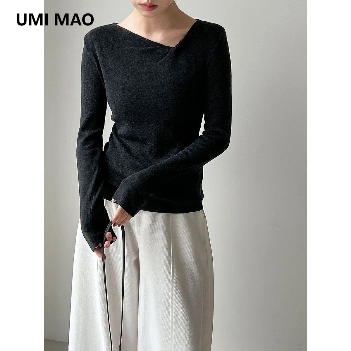 UMI MAO الكورية نمط الصوف الأعلى غير النظامية تويست تصميم فريد المتخصصة محبوك سترة الخريف جديد كم طويل بلايز فام