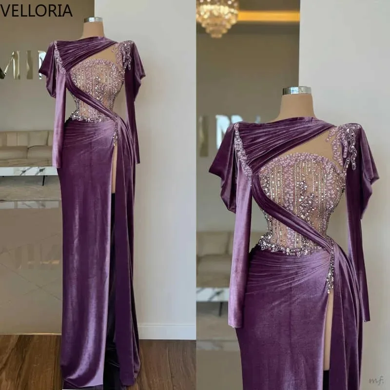 

Elegant Velvet Sequins Mermaid Prom Dress High Neck Side Slit Evening Gown Occasion Party Dress Vestdos De Fiesta Customized