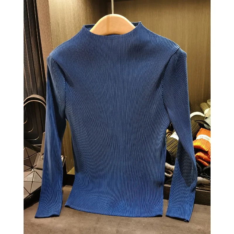 

Плиссированная футболка Miyake, плиссированная однотонная футболка с длинными рукавами и воротником-стойкой, новинка 2026 Advanced Sense, простые тонкие женские топы