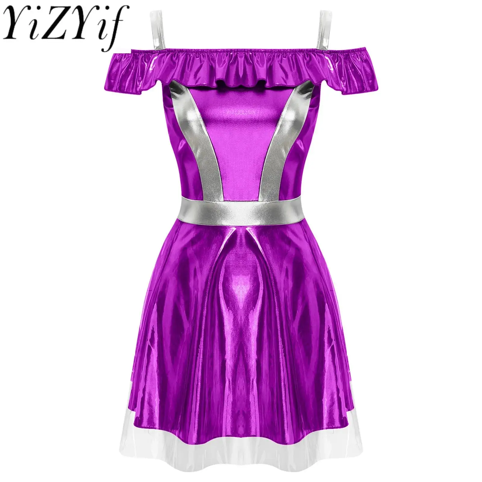 

Women's Cold Shoulder Metallic Dress for Space Fighter Alien Astronaut Cosplay Fancy Dress for Halloween Party Carnival Costume