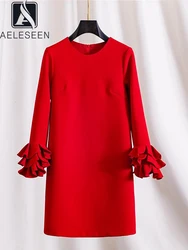 AELESEEN Office Ladies Autumn Mini Dress Women Designer Fashion Solid Red Black Full Petal Sleeve Casual Holiday Vacation