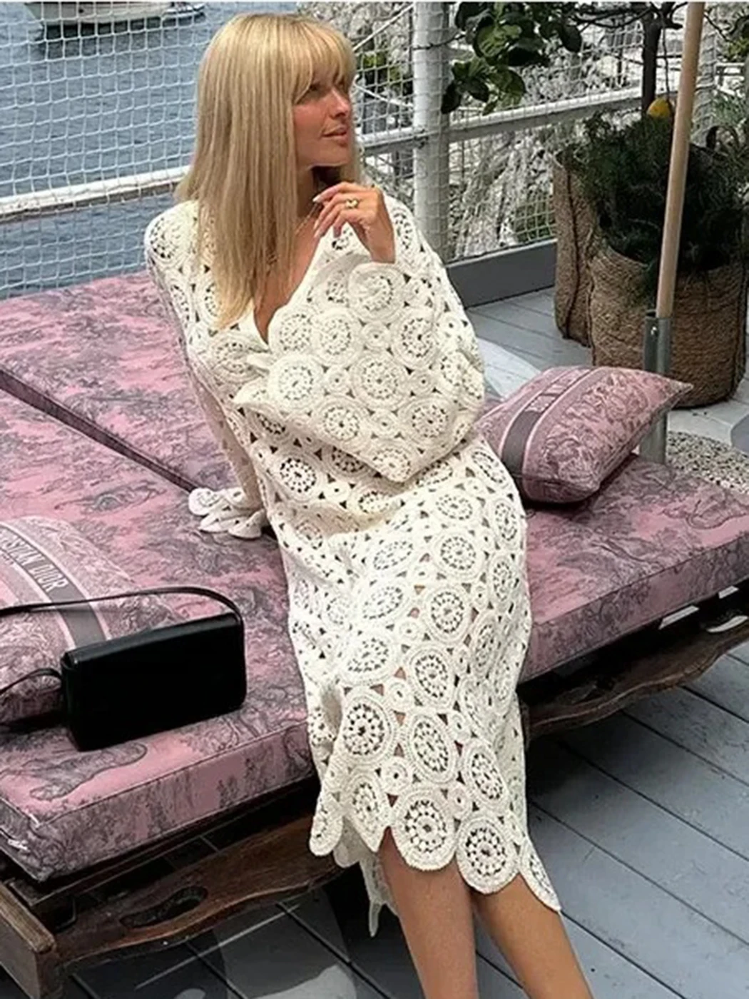 

Женское платье с вышивкой крючком, летнее ажурное платье-трапеция с длинным рукавом, модные платья-миди, женские элегантные длинные платья