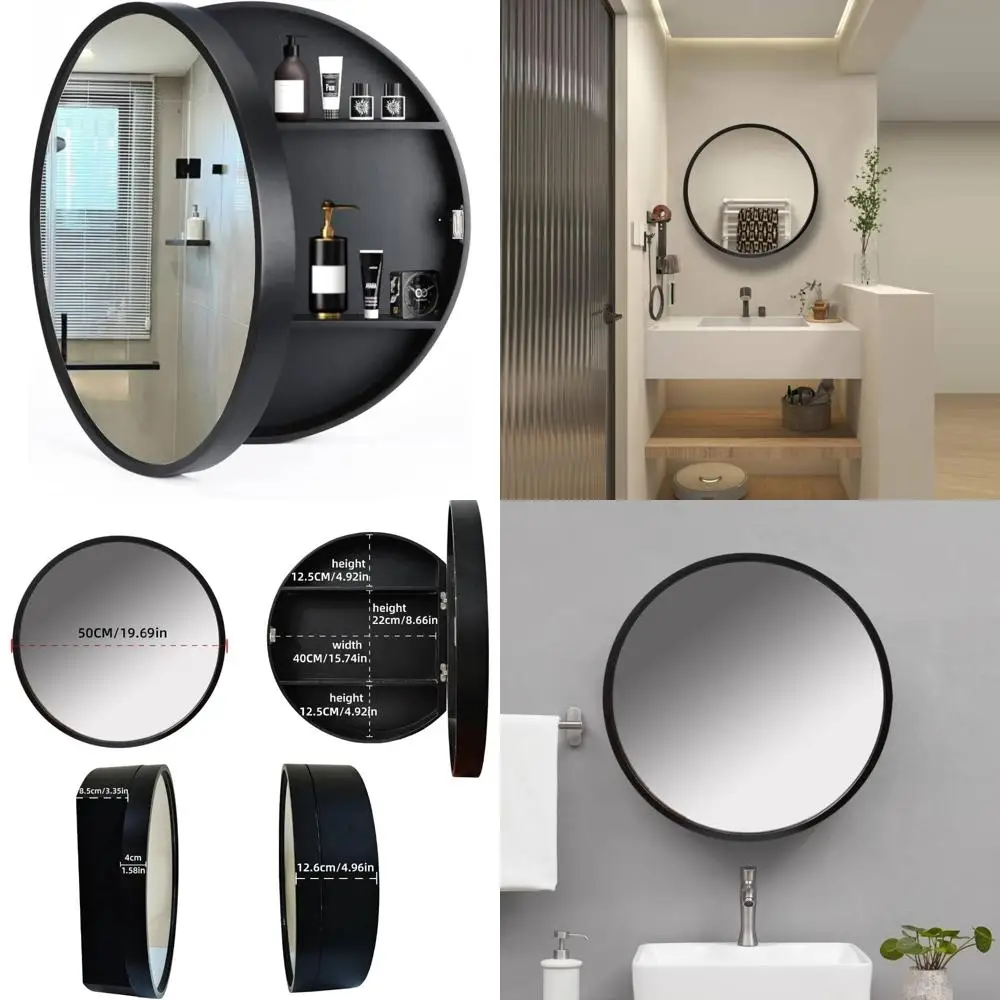 

Round Wall-Mounted Medicine Cabinet with Mirror and 3-Level Solid Wood Storage
