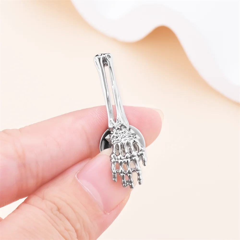 Hand Bone Pins Metal Skeleton Brooch Lapel Badge Medical Pin Punk Jewelry Halloween Gifts Children Clothes Accessories