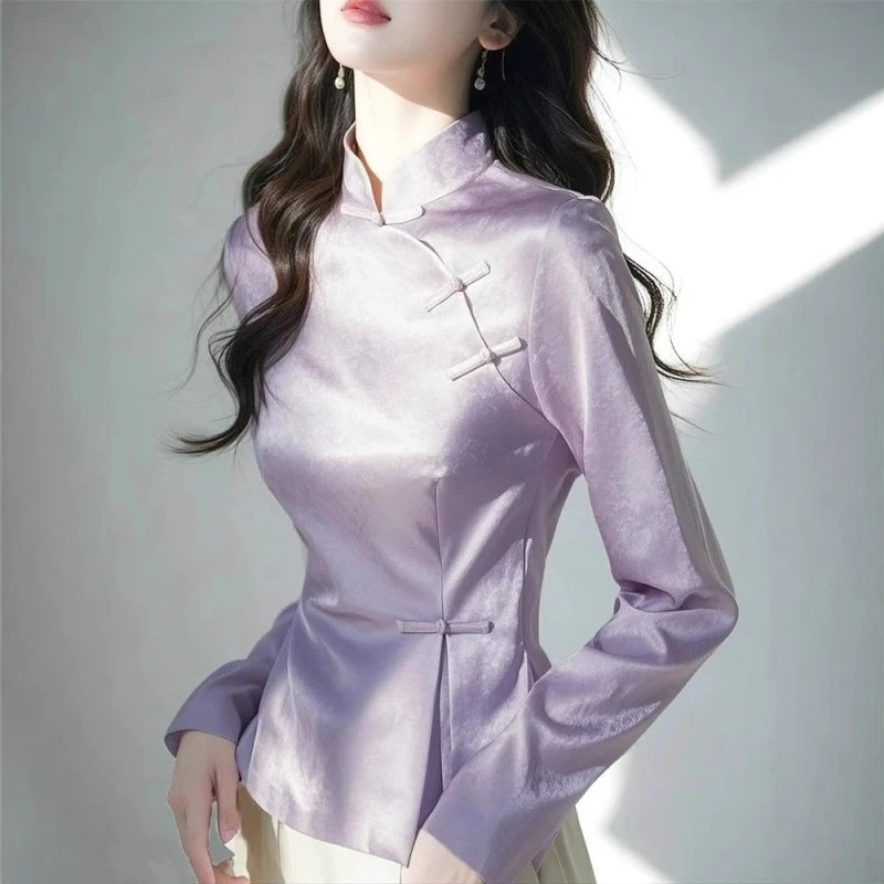 2026 Spring New Satin Shirt Women's Chinese Style Cheongsam Blouse Slanted Collar Frog Buttons Elegant Retro Cheongsam Tops
