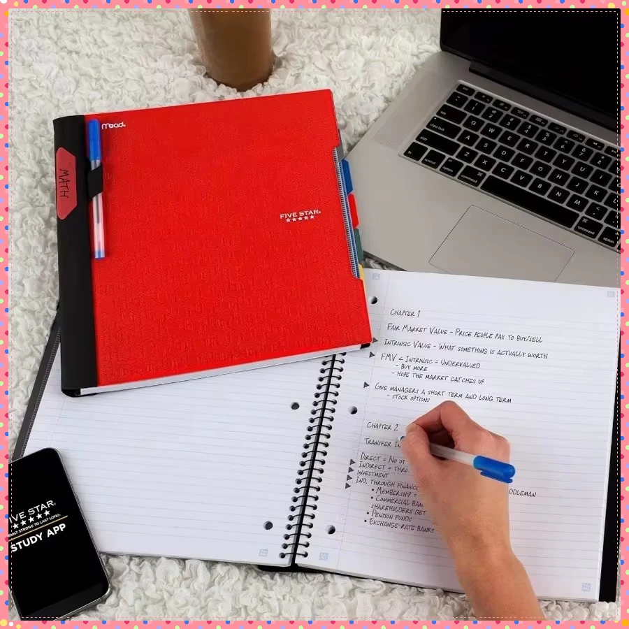 究極の5科目大学ノートブック（アプリ付き）、200枚の罫線入りページ（タブ付き）、学生向け、講義ノートや整理に最適。