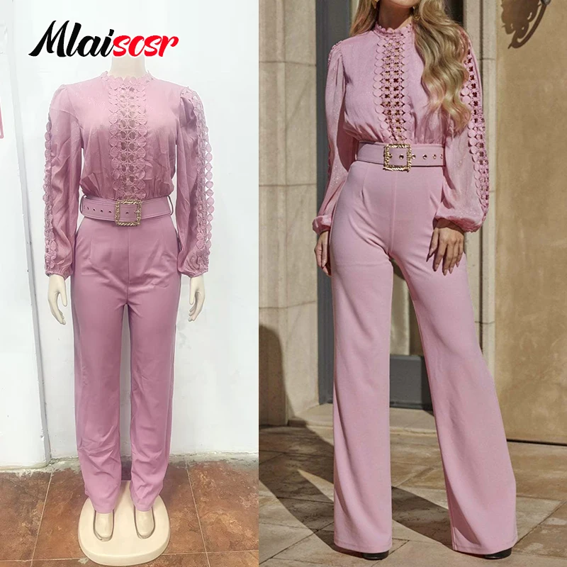 

Mlaiscsr Women Elegant Wide-Leg Jumpsuit Romper with Belt Lace Patchwork Long Sleeve Hollow out One-Piece Overalls for Birthday