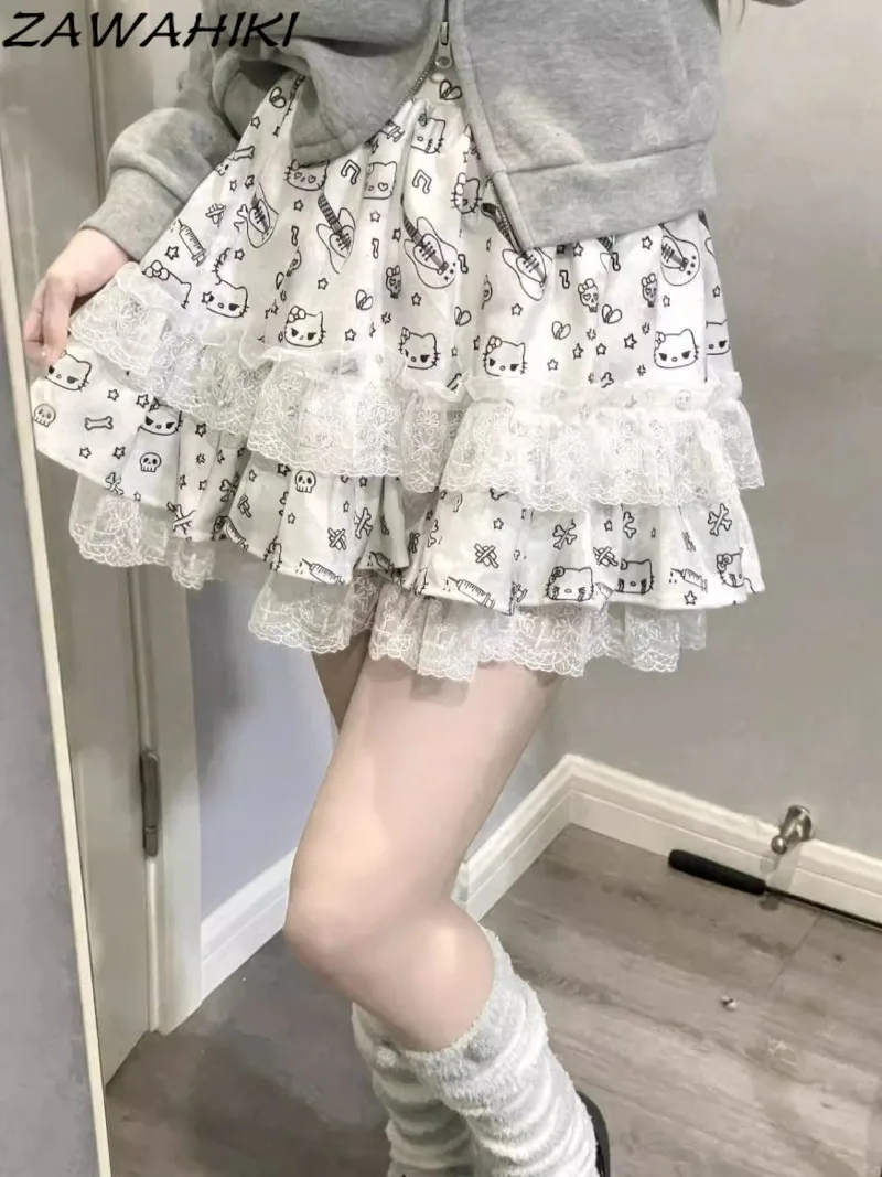 

Japanese Women's Skirts Ruffles Pleated Patchwork Mujer Faldas Sweet Casual Preppy Fluffy Skirt Lace Y2k Kawaii Print Falda